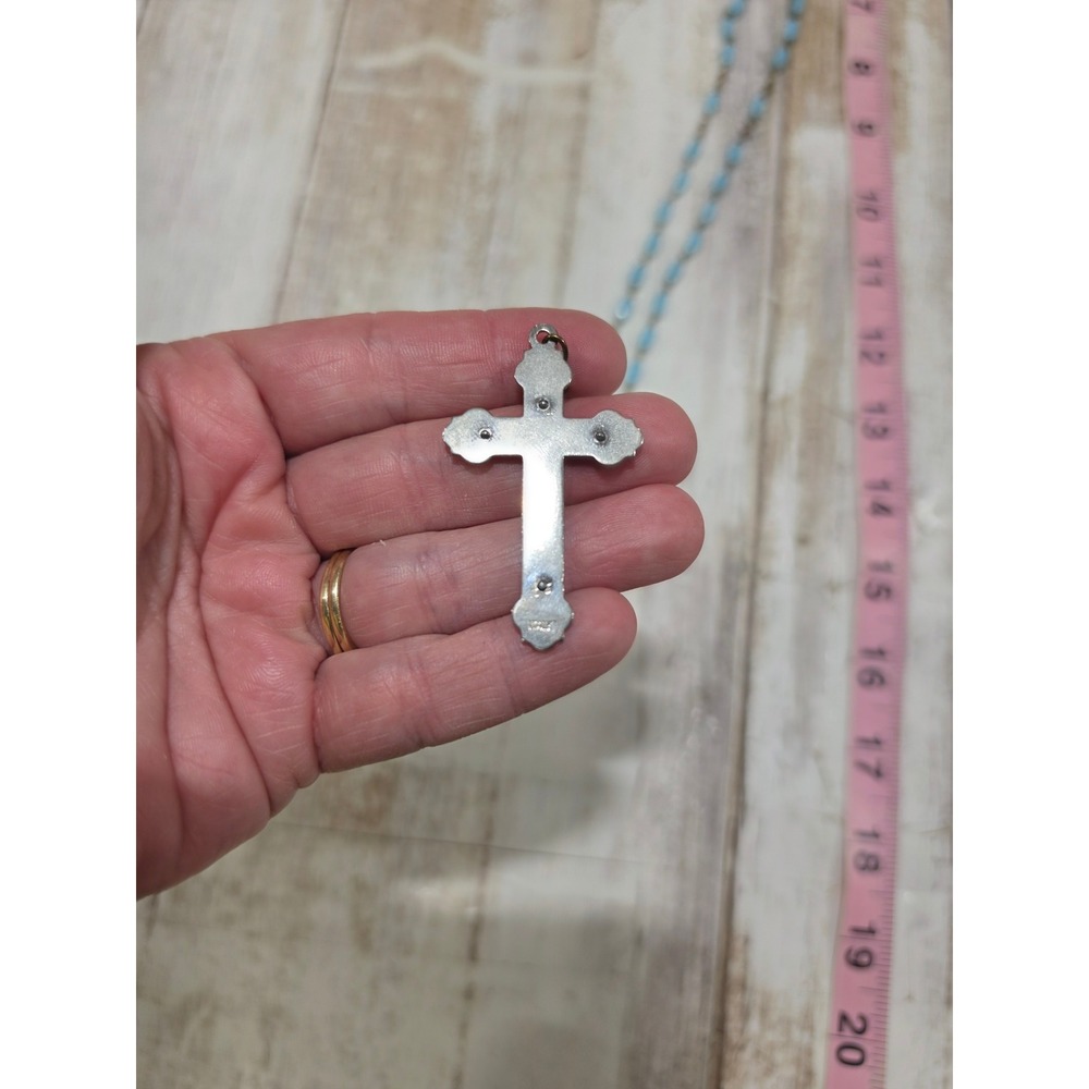 Vintage Catholic Rosary Light Blue Oval Beads Ornate Crucifix 21 Inch Necklace - Picture 7 of 8